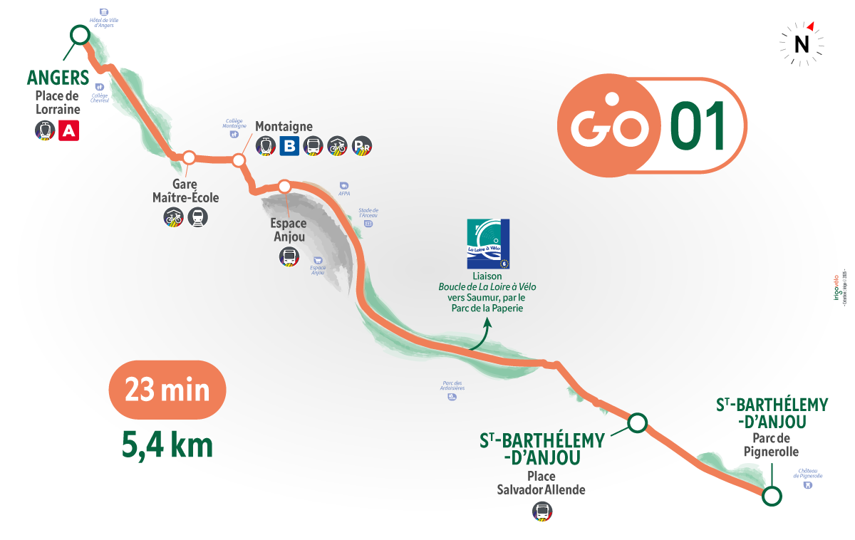 Cartographie ligne GO 01 irigovélo: 23 minutes, 5,4 km, de Angers Place de Lorraine à Saint-Barthélémy d'Anjou Parc de Pignerolle