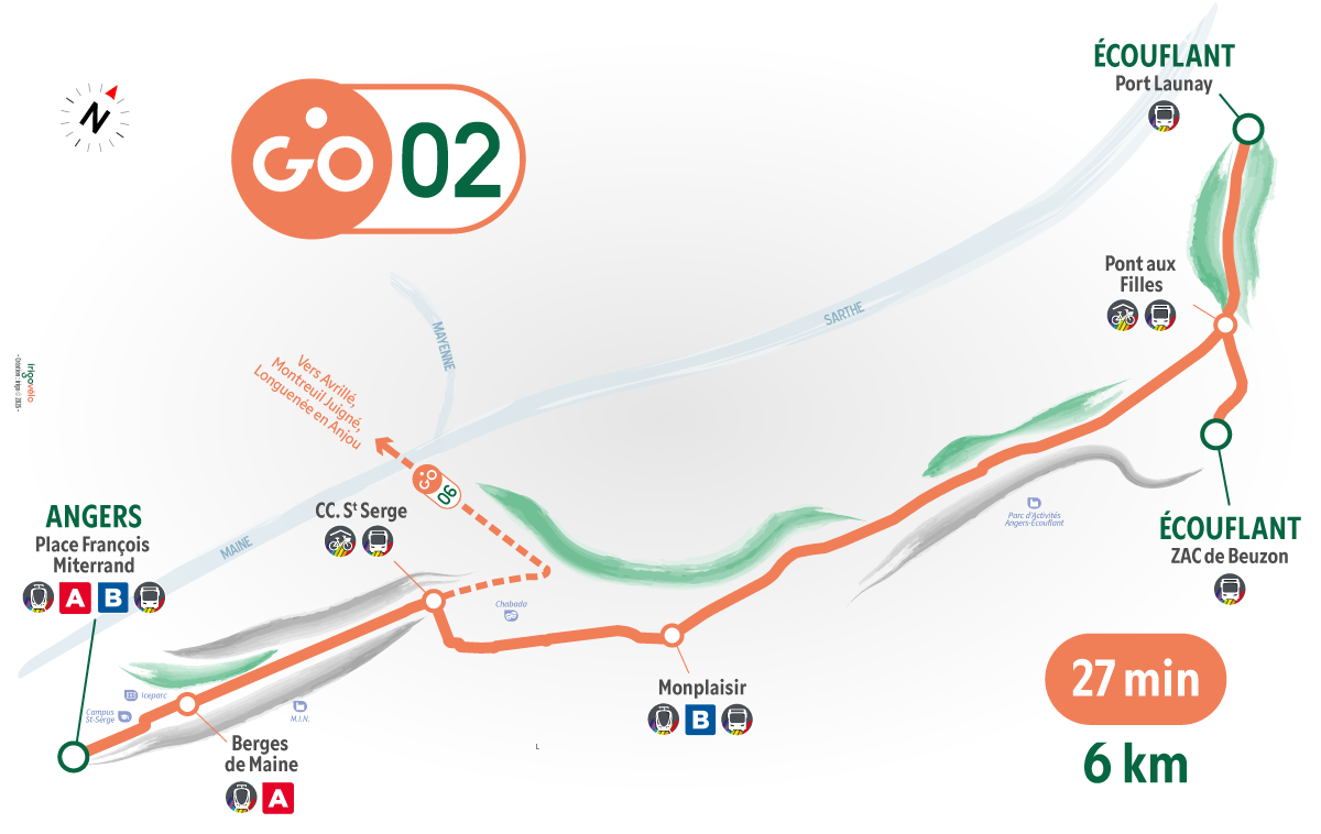 Cartographie ligne GO 02 irigovélo: 27 minutes, 6 km, de Angers Place François Mitterrand à Écouflant
