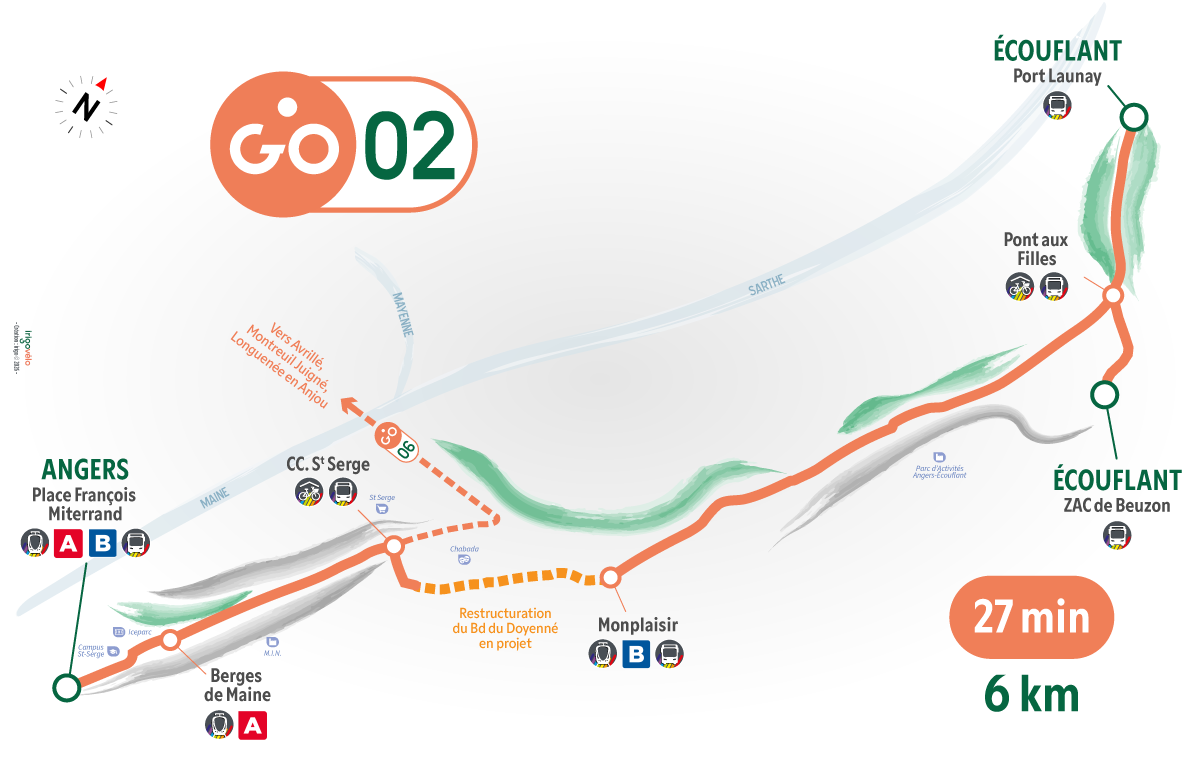 carte de la ligne GO 02 entre Angers et Ecouflant en 6km pour 27 minutes
