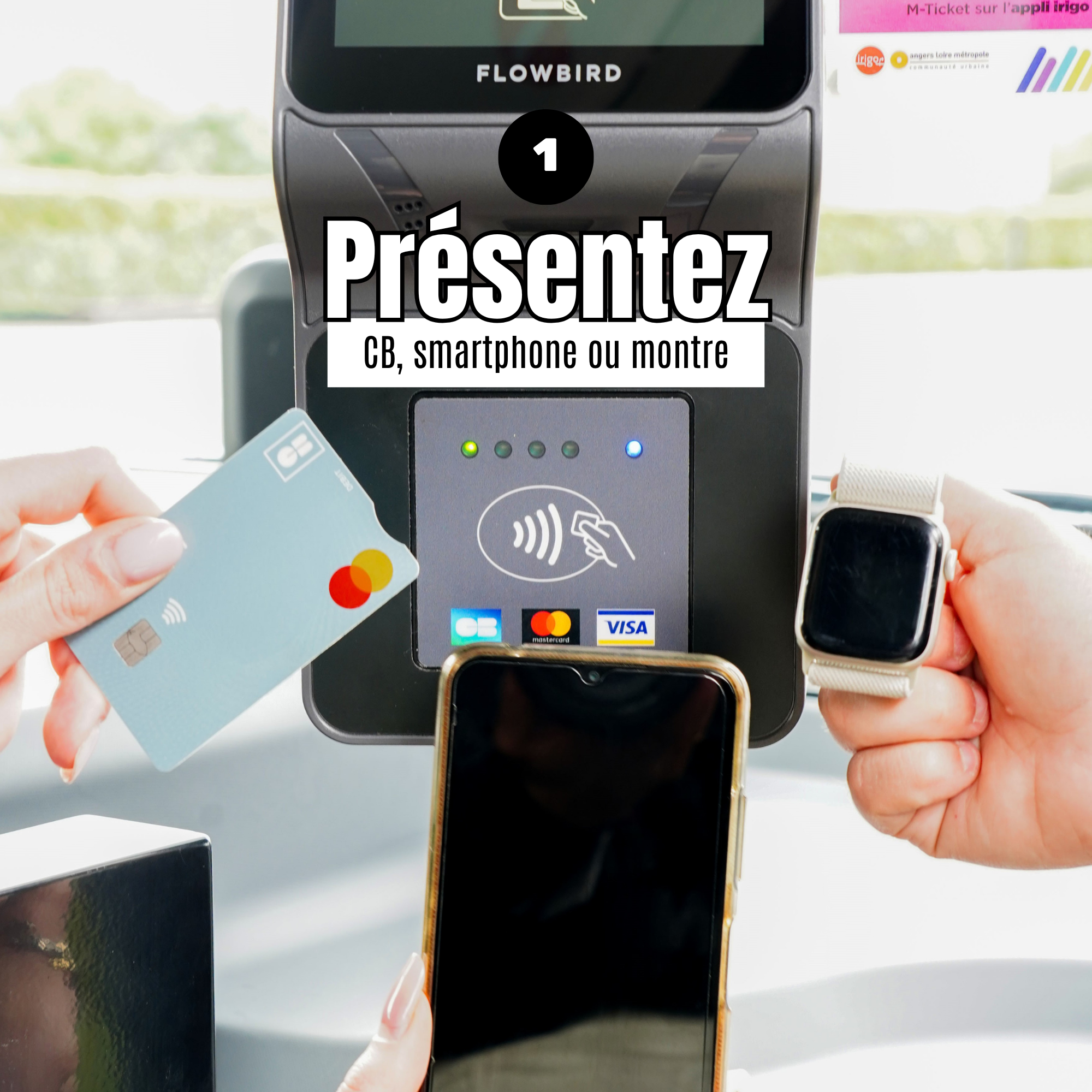 Etape 1 : présentez votre carte bancaire, votre smartphone ou votre montre connectée.