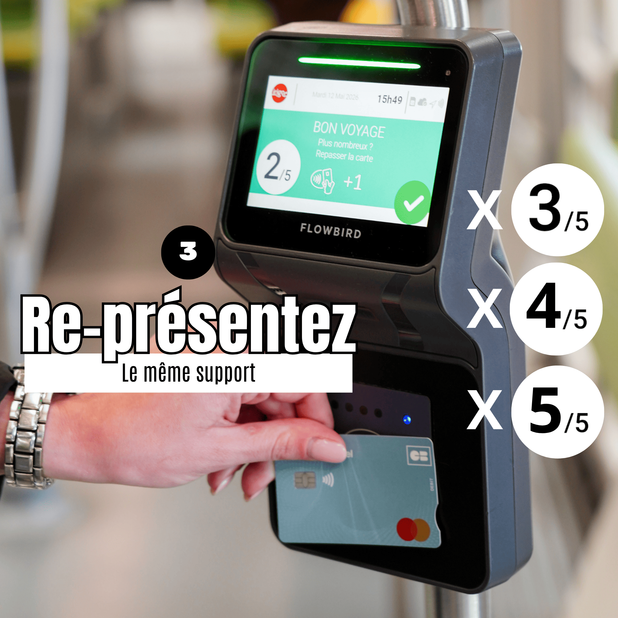 Etape 3 : re-présentez le même support, autant de fois qu'il y a de voyageurs. Vous pouvez valider jusqu'à 5 voyageurs. Répétez le même processus en correspondance.