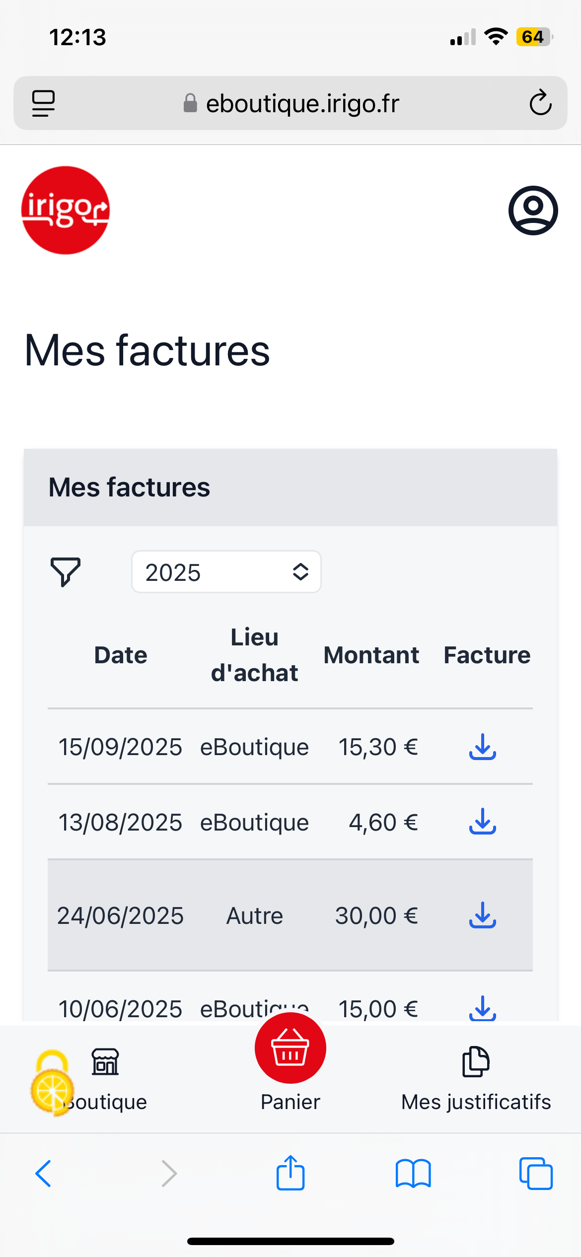 Capture d'écran de la eBoutique irigo en version mobile