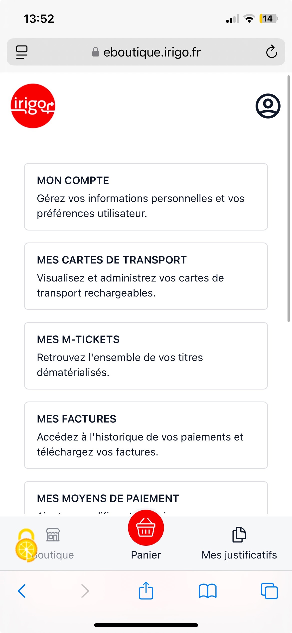 Capture d'écran de la eBoutique irigo en version mobile