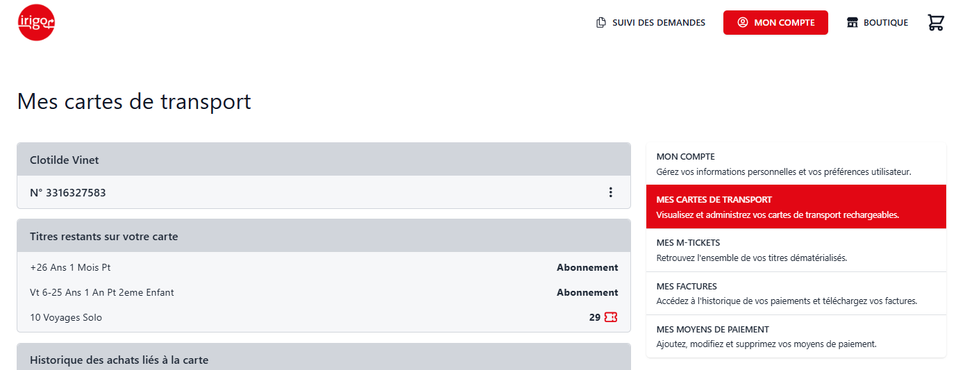 Capture eBoutique - Mes carte de transport